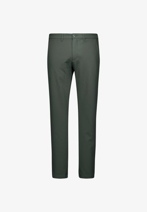 Grüne Hose aus glattem Stoff mit geradem Bein, Vorderaschen, Knopfverschluss und einem eleganten Finish.