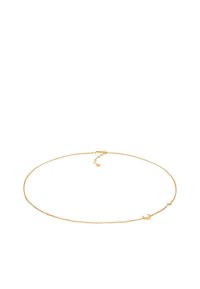 Gold chain necklace with a delicate design, featuring a crescent moon charm and a small bead, adjustable length with a lobster clasp.