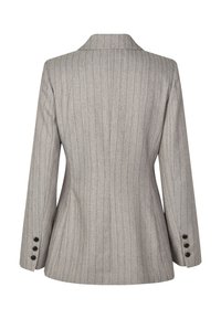 Gray pinstriped blazer with a tailored fit, featuring a notched collar and five buttons at the sleeves. Textured fabric with vertical lines.