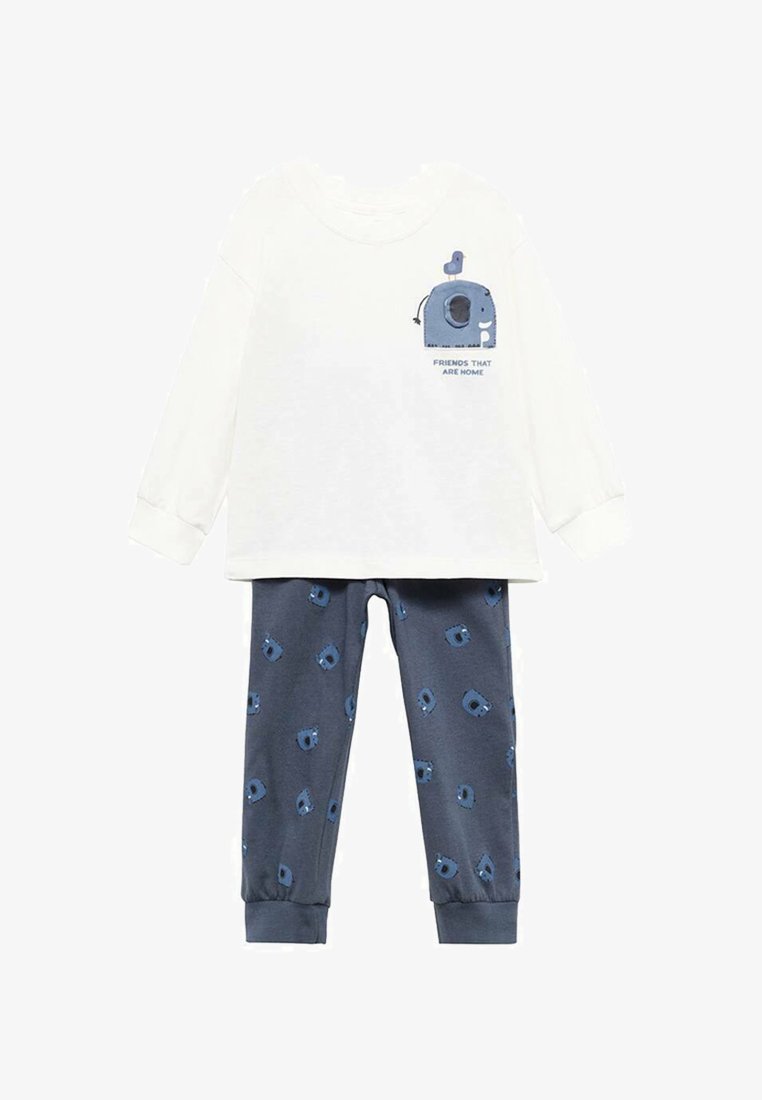 Bavlněné dětské pyžamo obsahující bílou dlouhouvou košili s modrou grafikou slona a textem, spárované se šedými kalhotami s modrým potiskem zvířat.