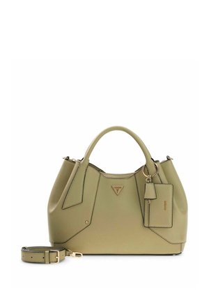 Olivenfarvet læderhåndtaske med top-håndtag, aftagelig skulderrem og vedhæftet mærke med guldfarvet hardware.