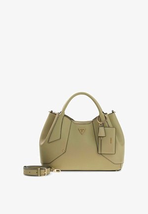 Olivenfarvet læderhåndtaske med top-håndtag, aftagelig skulderrem og vedhæftet mærke med guldfarvet hardware.