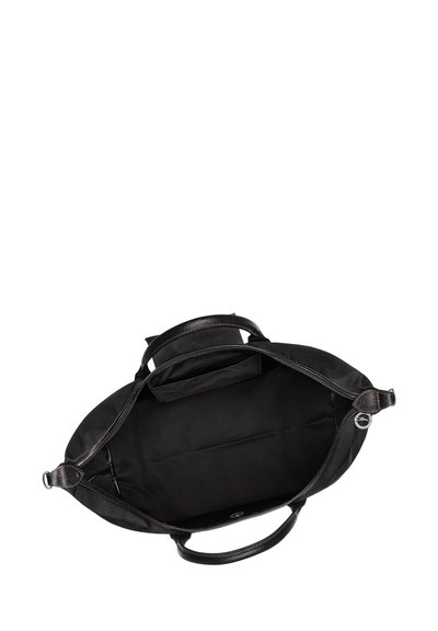 Schwarze Tragetasche mit glattem Lederaußenmaterial, robusten Doppelgriffen und einer Innentasche; minimalistisches Design mit Stofffutter und haltbarer Nähte.