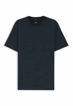 T-shirt bleu marine foncé texturé à manches courtes avec col rond, motif quadrillé subtil et finition noire au col.