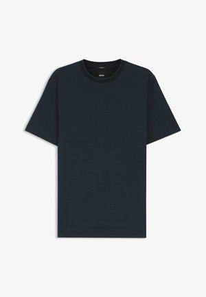 T-shirt bleu marine foncé texturé à manches courtes avec col rond, motif quadrillé subtil et finition noire au col.