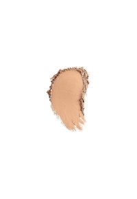 Échantillon de poudre libre de maquillage dans une teinte beige moyen avec une texture lisse, présentant un bord légèrement plus sombre et texturé.