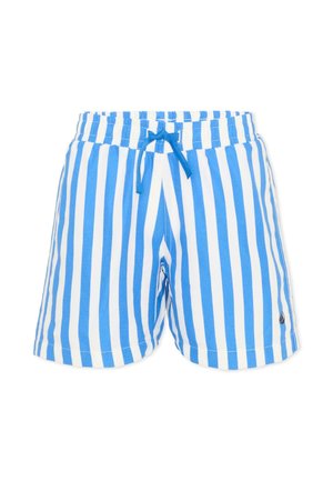 Costume da bagno a righe verticali blu e bianche con girovita elastico e coulisse blu, piccolo logo sulla gamba destra, in basso.