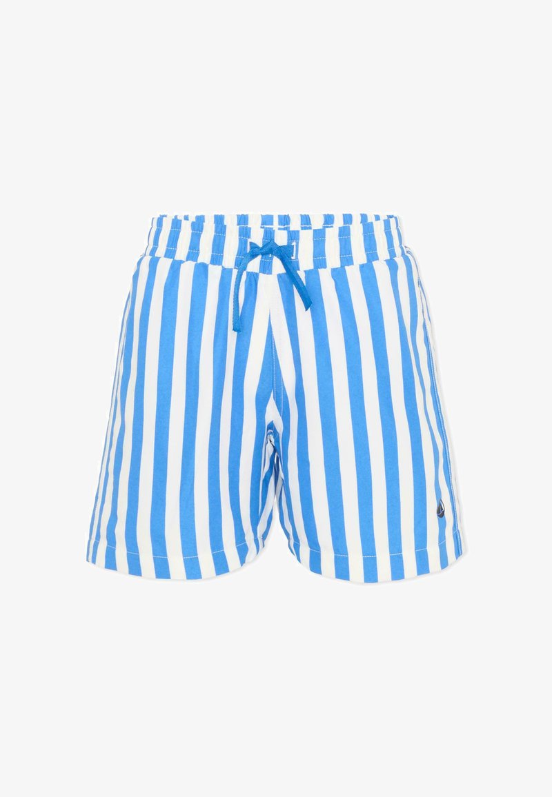 Niebiesko-białe kąpielówki w pionowe paski z elastycznym pasem i niebieskim sznurkiem, małe logo na dolnej prawej nodze.
