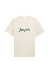 Roomkleurig katoenen T-shirt met korte mouwen, met een turkooizen grafische print aan de voorkant, inclusief tekst en geometrische patronen.