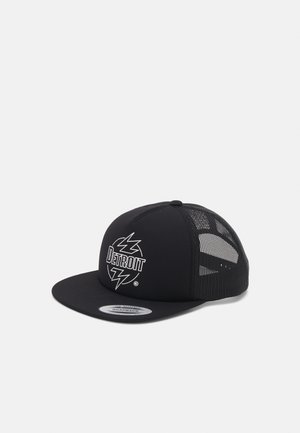 Μαύρο καπέλο snapback με πλέγμα στα πάνελ, φέρει λευκό λογότυπο "Detroit" και σχέδιο ηλεκτρικού κεραυνού, δομημένο γείσο και στερεό ύφασμα μπροστά.