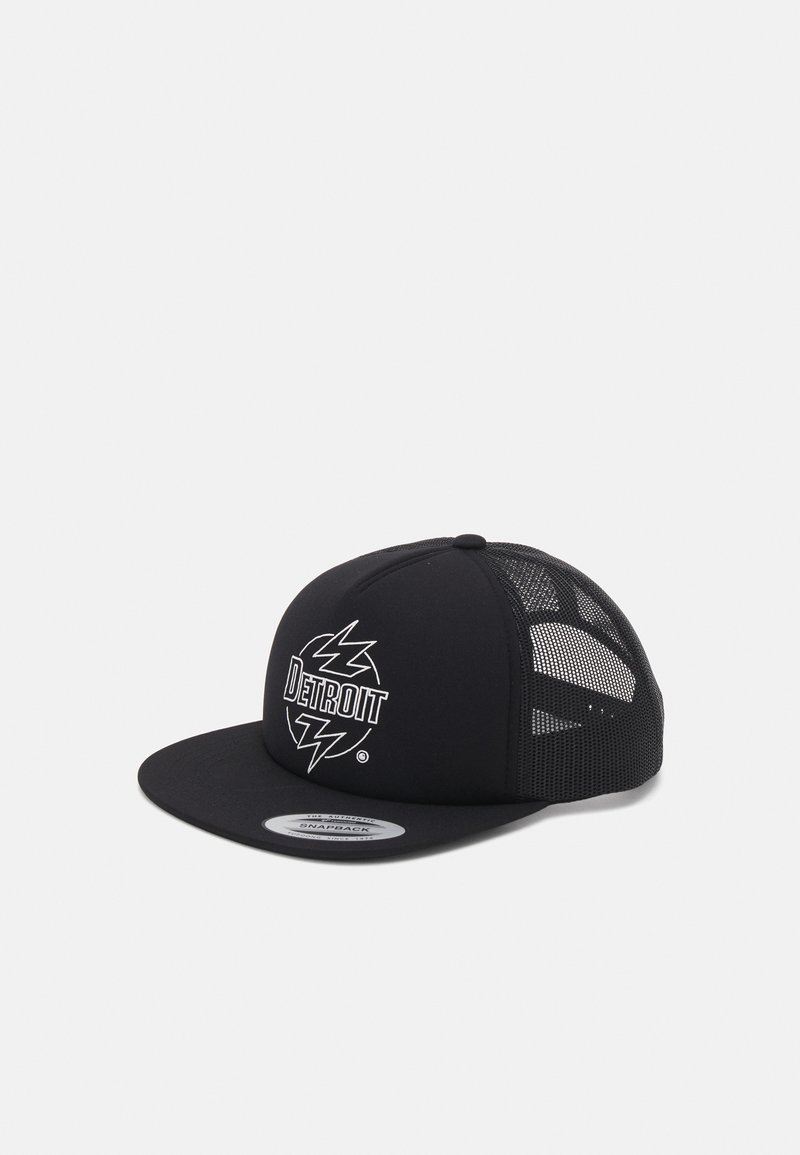Black snapback cap with mesh panels, featuring a white "Detroit" logo and electric bolt design, structured brim, and solid fabric front.