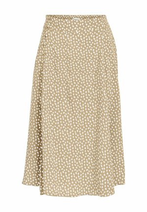 Beige midi-nederdel med hvidt uregelmæssigt prikkemønster, detaljer med knapper i siden og let skater-silhuet.