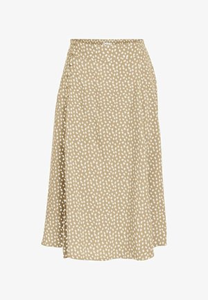 Beige midi-nederdel med hvidt uregelmæssigt prikkemønster, detaljer med knapper i siden og let skater-silhuet.