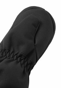 Schwarze Handschuhe aus strukturiertem Stoff mit einem eng anliegenden Bündchen, ausgestattet mit einer glatten, gepolsterten Handfläche und einem einzelnen Fach für die Finger.