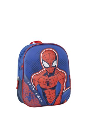 Blue and red children's backpack featuring a large graphic of Spider-Man in a web pattern with a side mesh pocket and zipper.