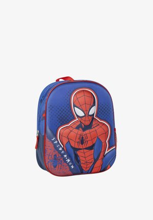 Sac à dos pour enfants bleu et rouge avec un grand motif de Spider-Man dans un motif de toile d'araignée, doté d'une poche latérale en filet et d'une fermeture éclair.