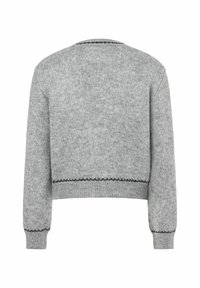 Grijze gebreide trui met een cropped ontwerp, geribbelde textuur, lange mouwen en decoratieve zwarte stiksels aan de zoom en manchetten.