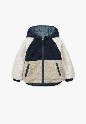 Kapucnis polárdzseki; tengerkék, krém és bézs színek; cipzáras záródás; puha textúra; rugalmas mandzsetták; két oldalsó zseb.