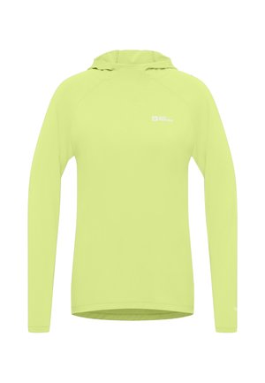 Langarm-Hoodie in leuchtendem Limettengrün, aus glattem, leichtem Stoff gefertigt. Mit Kapuze und Logo auf der Brust.