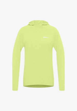 Langarm-Hoodie in leuchtendem Limettengrün, aus glattem, leichtem Stoff gefertigt. Mit Kapuze und Logo auf der Brust.