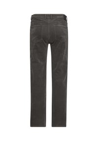 Dunkelgraue Baumwollhose mit geradem Bein, zwei Gesäßtaschen und einer strukturierten Oberfläche. Keine sichtbaren Beschläge oder Verzierungen.