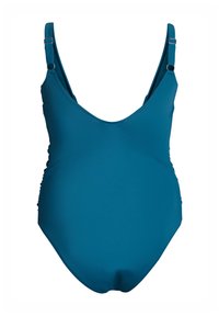 Turkos baddräkt i ett stycke med justerbara band, djup V-ringning, veckade detaljer på sidorna och slätt, stretchigt tyg.