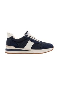 Baskets à lacets bleu foncé et blanc avec semelle blanche et semelle extérieure marron clair, vue de côté, conçues pour un usage décontracté.