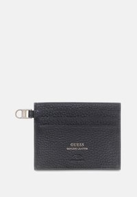 Czarny skórzany portfel na karty z fakturowanym wykończeniem, wieloma miejscami na karty, zamykaną na zamek komorą oraz złotymi akcentami metalowymi.