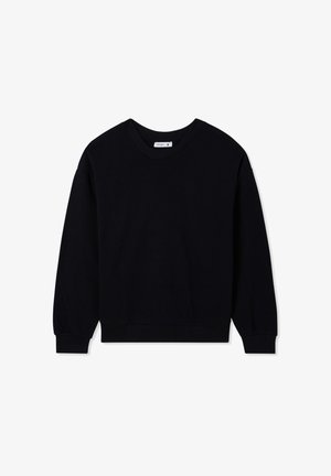 Felpa nera realizzata in materiale morbido, con maniche lunghe, scollatura rotonda e polsini e orlo a coste. Nessun motivo o dettaglio visibile.