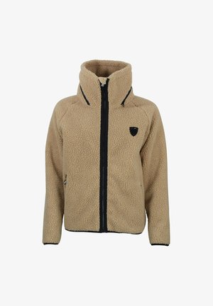 Veste en polaire beige avec un col montant, fermeture éclair sur tout le devant et accents noirs. Présente une surface texturée et des poches sur les côtés.