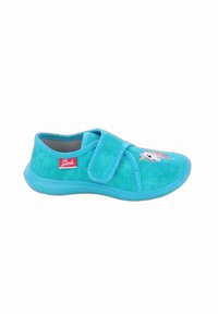 Turquoise instap schoen met klittenbandsluiting, stoffen bovenwerk met een eenhoornontwerp, en een flexibele rubberen zool.