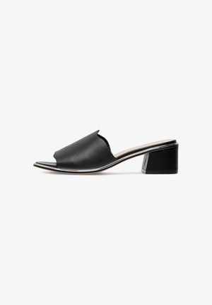 Black open-toe mule with wide leather strap and low block heel on a white background.
