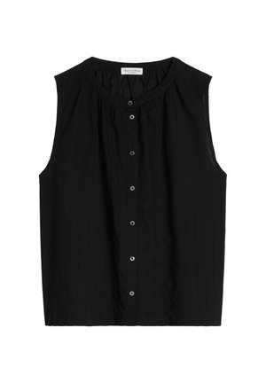 Sleeveless black blouse with round neckline and front button closure, featuring subtle vertical stripes and a loose fit.