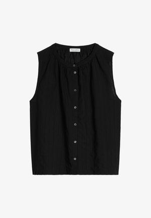Sleeveless black blouse with round neckline and front button closure, featuring subtle vertical stripes and a loose fit.