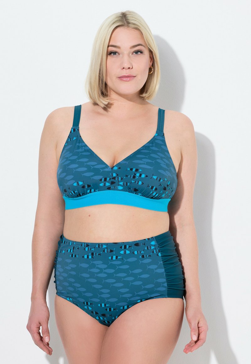 Turkoosi bikinit, joissa on kuvioitu bralette V-aukolla ja korkeat pöksyt. Kangas on sileä ja pehmeä, ja siinä on kalakuoseja.