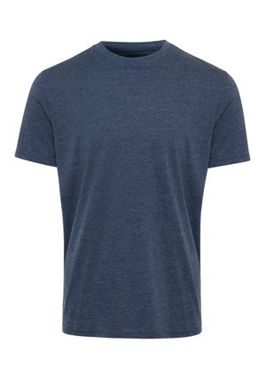 Camiseta sencilla de manga corta con cuello redondo en tela azul oscuro jaspeada, presentada sobre un fondo blanco.