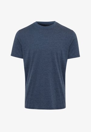 Camiseta sencilla de manga corta con cuello redondo en tela azul oscuro jaspeada, presentada sobre un fondo blanco.