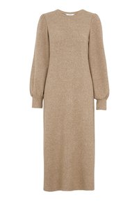 Beige ribbad stickad klänning med rund hals, långa puffärmar och rak silhuett, som faller under knäet med en strukturerad yta.