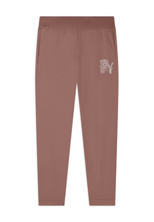 Pantaloni felpati color rosa con vita elasticizzata, tasche laterali e una grafica decorativa in strass argentati sulla gamba sinistra.