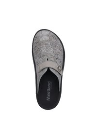 Hellgraue Slipper mit floralem Cut-out-Design, subtiler grauer Riemen, Gummisohle und gepolsterter Innensohle mit Markenlogo.