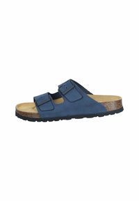 Blue suede slide sandal with two adjustable straps, cork midsole, and textured black rubber outsole. Features a circular logo on the side.