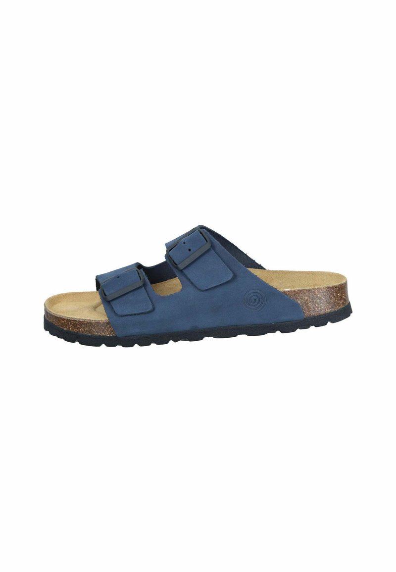 Blue suede slide sandal with two adjustable straps, cork midsole, and textured black rubber outsole. Features a circular logo on the side.
