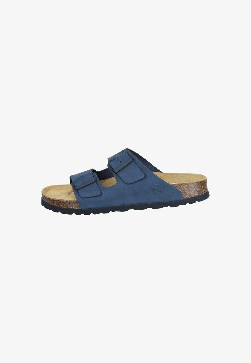 Sandal in camoscio blu con due cinture regolabili, suola intermedia in sughero e suola esterna in gomma nera texturizzata. Presenta un logo circolare sul lato.