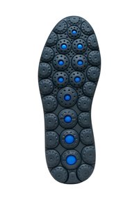 Suela de goma negra con recortes circulares y acentos azules, que presenta un patrón texturizado de círculos elevados para tracción y flexibilidad.