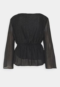 Schwarze durchsichtige Bluse mit langen Ärmeln, gerafftem elastischem Taillenbund und subtiler metallischer Fadenstruktur, mit einem leichten, fließenden Design.