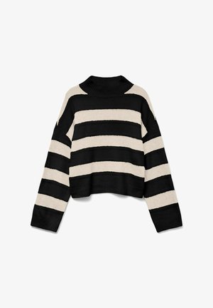 Maglione a righe nero e crema con collo alto e maniche lunghe. Il tessuto presenta righe orizzontali testurizzate di larghezze variabili.