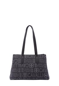 Zwarte schoudertas met reliëflogo-patroon. Met twee stevige handvatten, een rechthoekige vorm en gladde synthetische textuur.