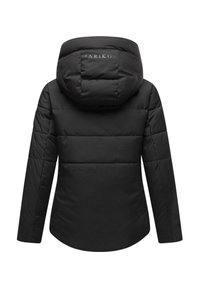 Black padded jacket with a hood, featuring a quilted design, smooth texture, and a logo on the back. Long sleeves and curved hemline.