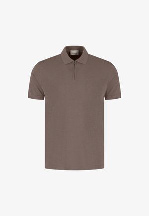 Bruin poloshirt voor heren met korte mouwen, een rits aan de voorkant en een klein geborduurd logo op de borst.