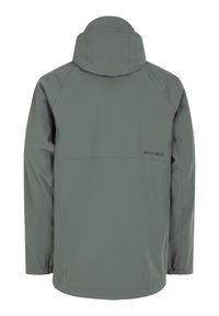 Harmaa vedenpitävä hupullinen takki, jossa on pitkät hihat ja hillitty brändilogolla oikealla takasivulla.